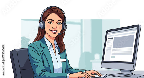 Smiling woman with headset working on a computer in modern office setting. Concept for customer service, technical support and online assistance