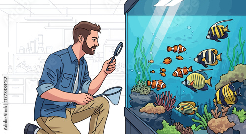 Man with magnifying glass and net observing fish in aquarium with diverse marine life, concept for aquatic education, pet shop promotion and conservation awareness campaign
