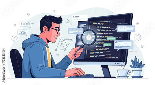 Man with glasses examining code on a monitor with a magnifying glass meticulously, concept for software development, cybersecurity analysis and debugging complex systems