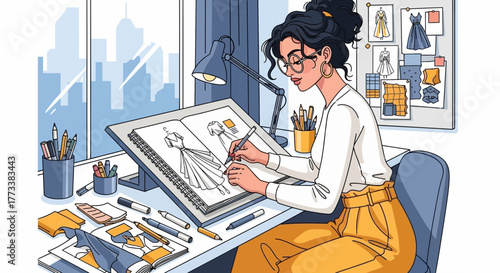 A woman is sketching dress design with pencil in the drawing book on the desk near window. Concept for fashion design, creative process and art creation