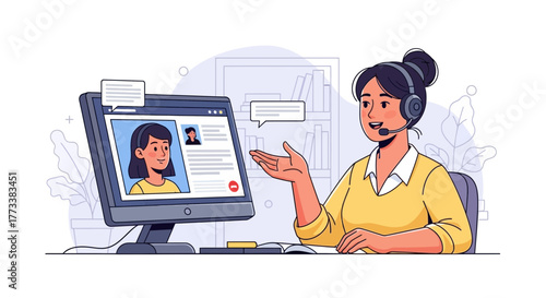 Illustration of a woman with headset in front of computer screen having a video call, concept for customer service, online education and remote communication