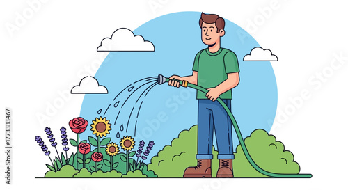 Cartoon man watering flowers using hose in outdoor, rose and sunflower garden under blue sky, concept for gardening illustration, agriculture promotion and outdoor leisure activity