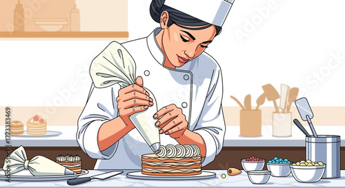 Female chef in white uniform is decorating cake with pastry bag filling with cream, concept for culinary arts, recipe illustration and confectionery industry