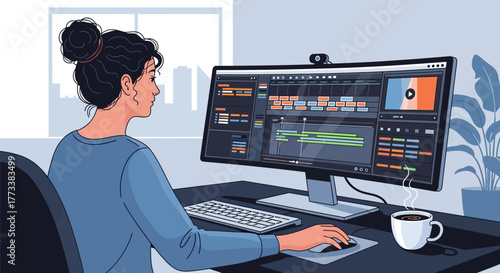 A woman working with video editing software on a large curved screen in a modern office setting, concept for post production workflow, digital content creation and creative project management