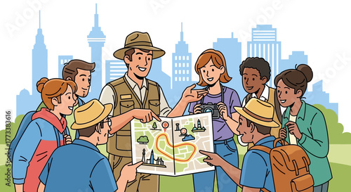 Group of diverse tourists look at a map with a tour guide against a city skyline, concept for city exploration, planning vacation and group activities