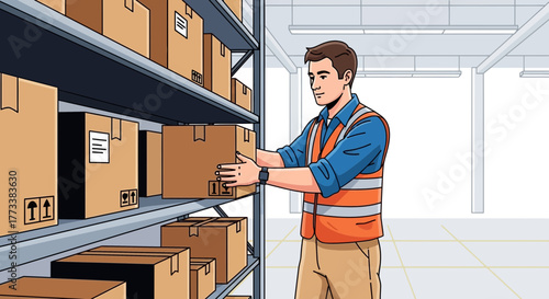 Worker in orange safety vest placing cardboard box on the shelf with other package boxes, concept for delivery service, industrial supply and retail distribution
