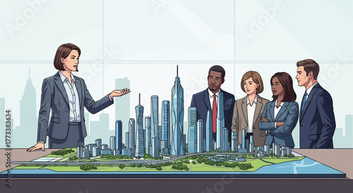 Businesswoman presenting a scale model of a modern city skyline to a team of diverse professionals, concept for urban development projects, investment opportunities and real estate sales strategy