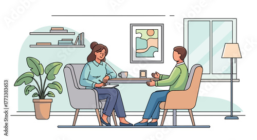 Illustration of a woman taking notes during a therapy session with a male patient in an office, concept for mental health support, psychological counseling and patient recovery