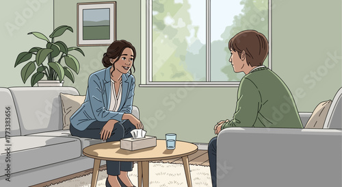 Illustration of a woman in a blazer talking to a young man in a counseling session, concept for mental health support, psychotherapy practice and emotional well-being assistance