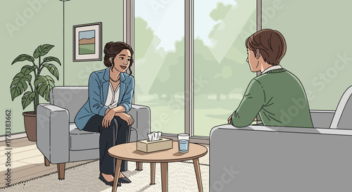 Cartoon illustration of therapist in session with a patient, sitting in chairs near a window, concept for mental health guidance, counseling services and psychological support