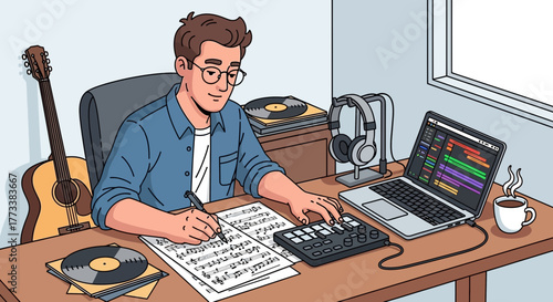 Man composing music at desk with laptop, midi controller, headphones, guitar and coffee, concept for music production, audio engineering and creative lifestyle
