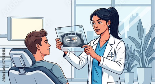 A female dentist explains the x-ray image to a patient in a dental clinic, concept for dental health awareness, medical education and patient consultation