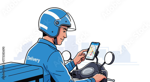 Delivery courier on scooter using navigation app in city backdrop, concept for food delivery service, logistics solutions and online order tracking