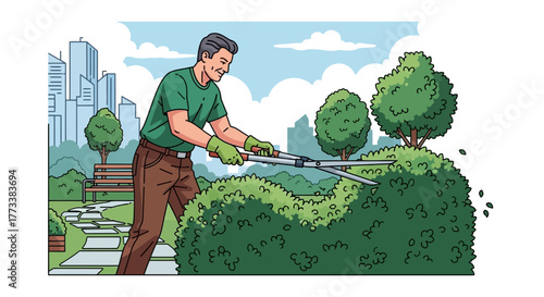 Man trimming a hedge with large shears in a city park on a sunny day. concept for landscaping, home improvement and park maintenance
