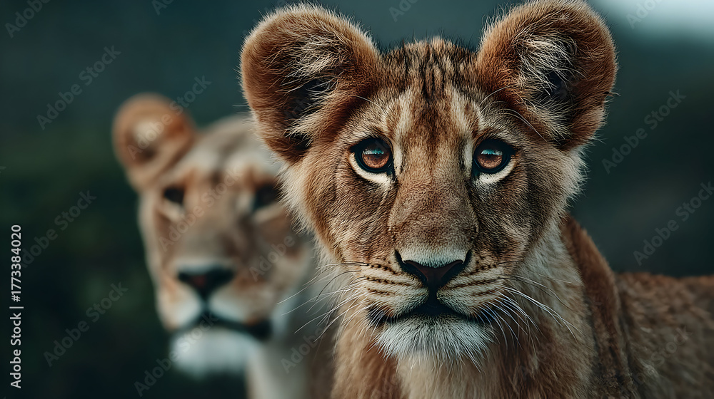 Fototapeta premium Lion cub stares intently with mother lioness blurred in the background in natural habitat