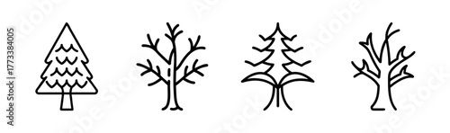 Collection of four distinct line art trees including conifer and deciduous varieties