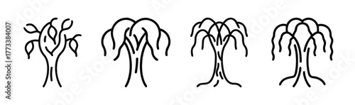 Four stylized willow tree line art designs for nature themes