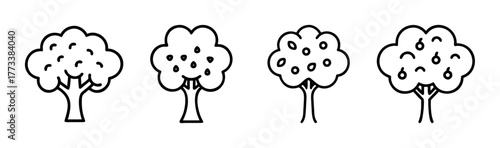 Four hand drawn apple trees with varied fruit displays simple line art style