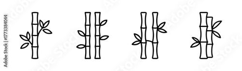Simple outline bamboo stalks with leaves icon set natural plant elements for design