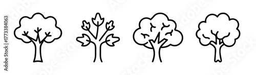 Collection of four stylized tree icons with simple outlines and varying foliage shapes and branch structures