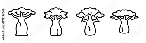 Four distinctive hand drawn baobab trees offering diverse unique organic shapes and outlines