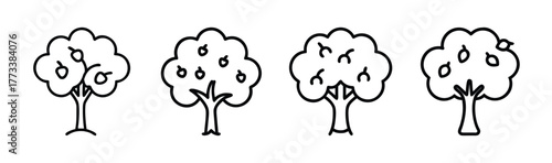 Four hand drawn apple trees with fruit showing organic growth and seasonal bounty