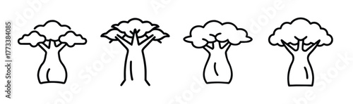 Collection of four sketchy baobab trees minimalist line art stylized nature icons