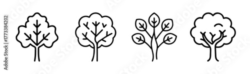 Collection of four stylized hand drawn elm trees nature elements simple line art
