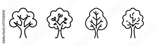 Collection of four stylized elm trees simple line art botanical elements for nature designs
