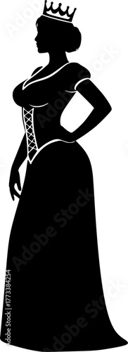 Silhouette of a beauty queen, wearing a long dress, royal, black and white, vector