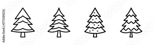Collection of four simple hand-drawn fir trees with varied foliage detail and texture