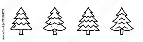 Four simple hand-drawn fir trees in a row line art monochrome
