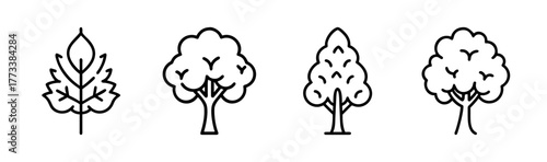 Four hand drawn stylized trees line art nature elements for design