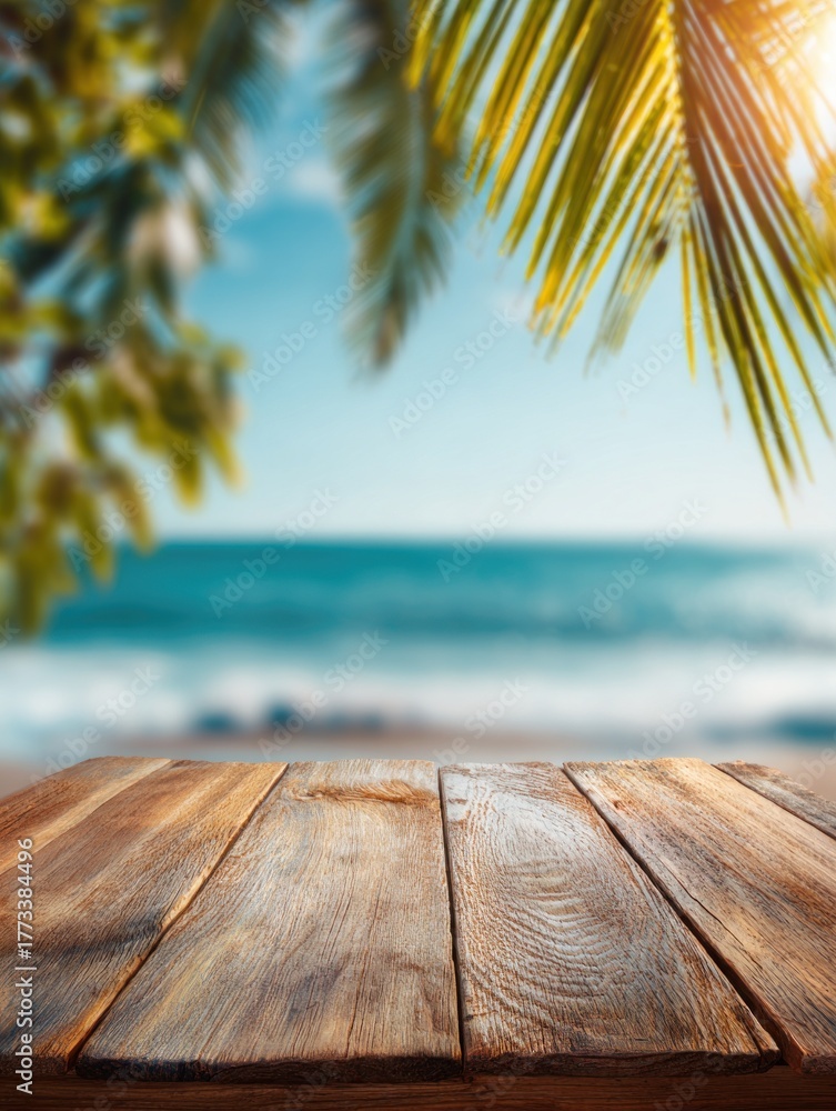 Fototapeta premium A serene beach scene featuring a wooden table in the foreground, with palm leaves and the ocean in the background, creating a tropical atmosphere.