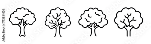 Four hand drawn oak tree icons with stylized foliage and simple trunks