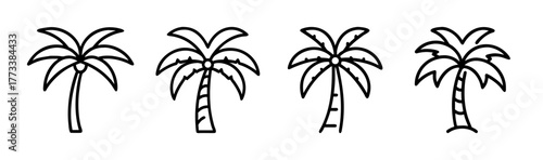 Four hand-drawn palm tree icons representing tropical beach vacation paradise and summer getaways