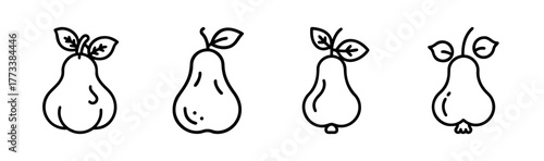Four line drawn pears featuring leaves and stems hand sketched style