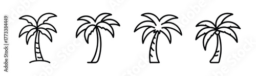 Four hand-drawn line art palm trees representing tropical island vibes and summer vacations