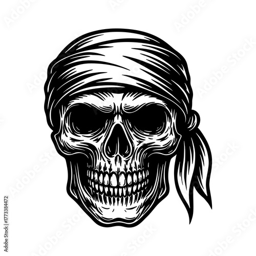 Pirate Skull Bandana Vector | Gothic Skull Illustration | Vintage Tattoo Art | Biker Rebel Design | Halloween Horror Graphic