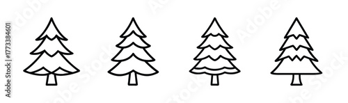 Four hand drawn fir trees in a row simple sketch line art for nature and forest designs