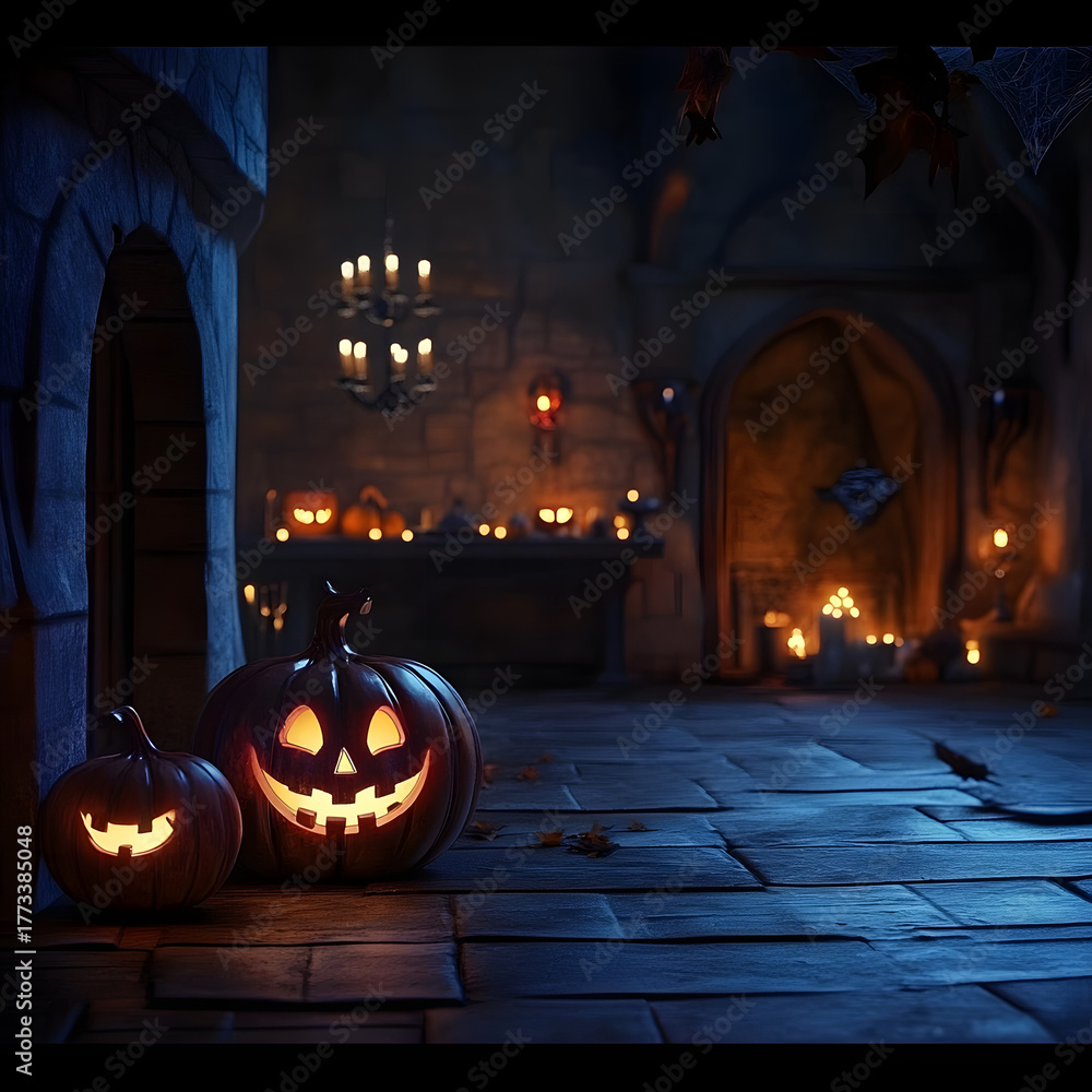 Obraz premium A house decorated for with lit pumpkins on the porch