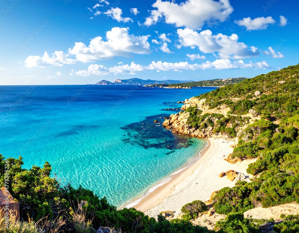 Fototapeta premium Sunny coastal view, turquoise water, white sand beach