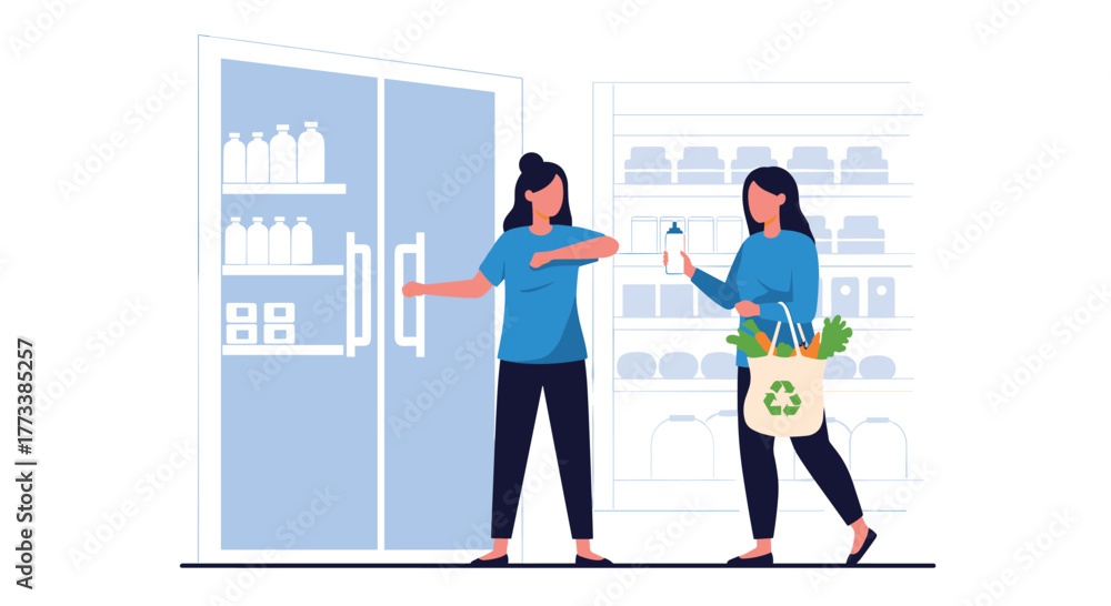Obraz premium Two women are grocery shopping in a supermarket, with one opening a refrigerated display case and the other holding a reusable bag with fresh produce, emphasizing eco-friendly consumption.