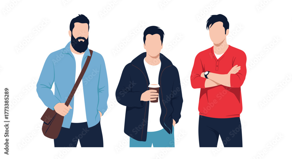 Fototapeta premium Three young men in diverse casual outfits standing on a white background, representing modern style, individuality, and a relaxed lifestyle.