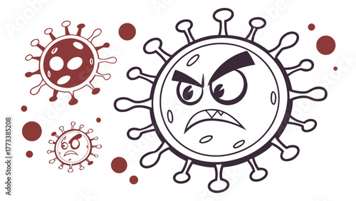Menacing cartoon virus with angry expression for health awareness campaigns, showcasing public safety and medical illustrations with a serious tone