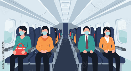 People wearing face masks are sitting in an airplane cabin with empty seats, practicing social distancing during air travel in a pandemic.