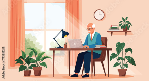 An elderly man happily works on his laptop at a sunny home office desk, surrounded by plants and natural light, enjoying his productive retirement.