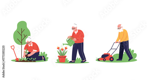 Elderly individuals enjoy an active outdoor lifestyle, engaging in various gardening and yard work activities such as planting, watering, and mowing their lawn.