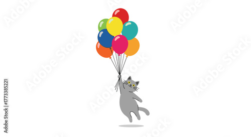 An adorable grey cartoon cat joyfully floats through the air, carried upwards by a vibrant bouquet of brightly colored balloons against a clean white background.