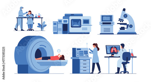 Illustrations showcasing various medical technologies, diagnostic procedures, and scientific research activities, from laboratory tests to advanced imaging, in the healthcare field.